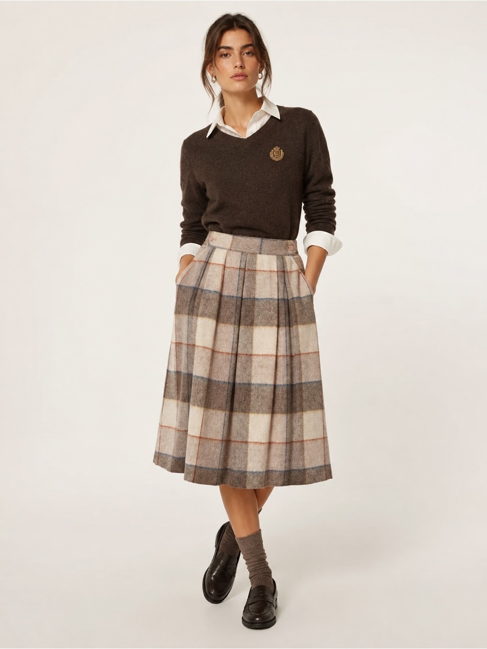 Vintage Victoire Deadstock 100% Wool Plaid Pleated Midi Skirt Size 8 Academia